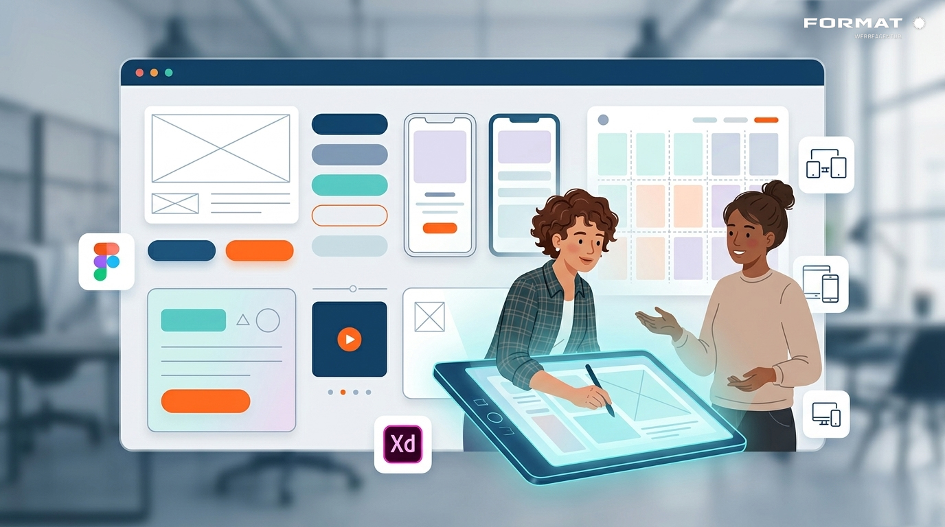 Modernes UX/UI Design Interface mit Designern bei der Arbeit